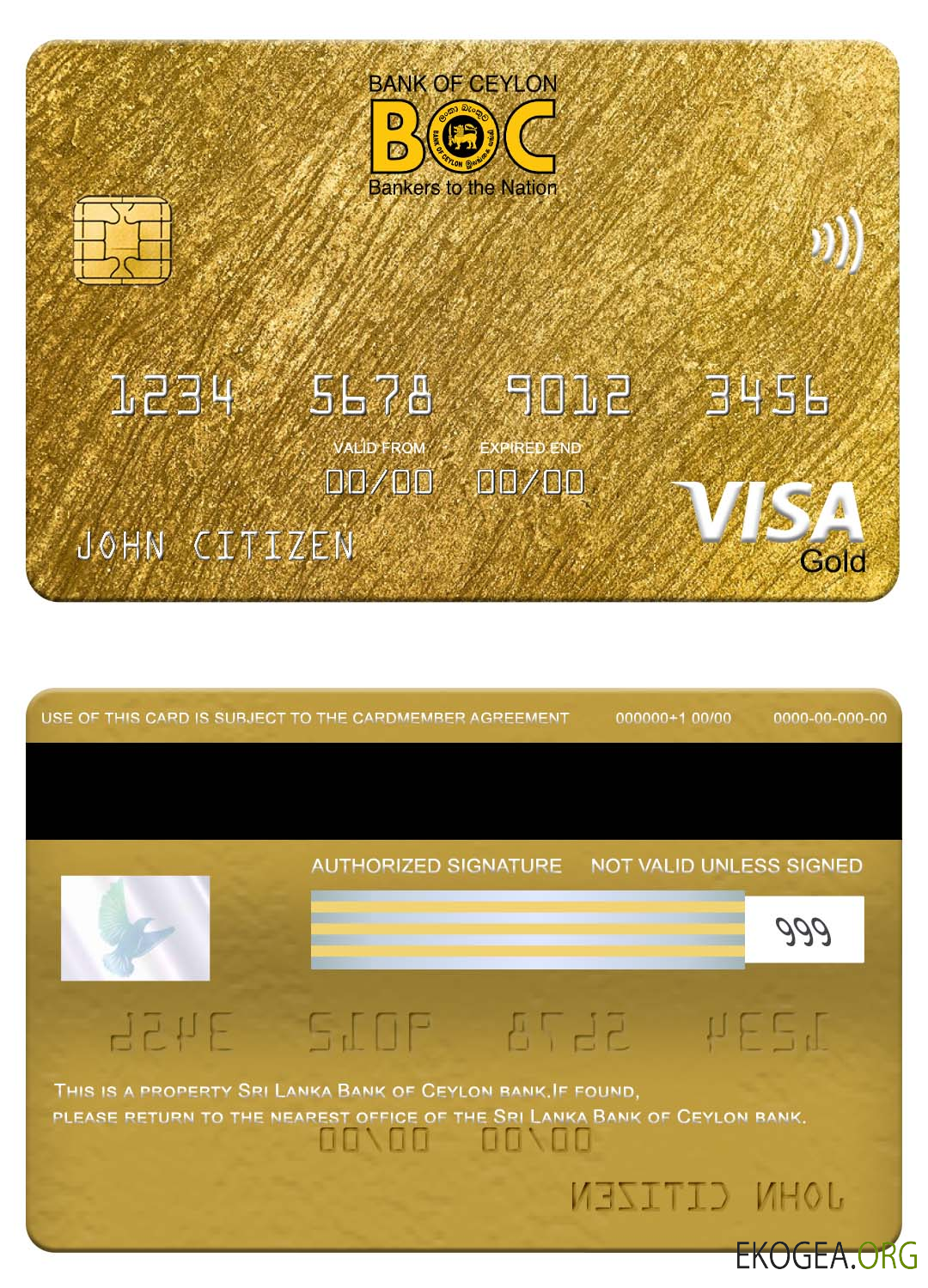 Carte Visa Gold de la Banque du Sri Lanka de Ceylan